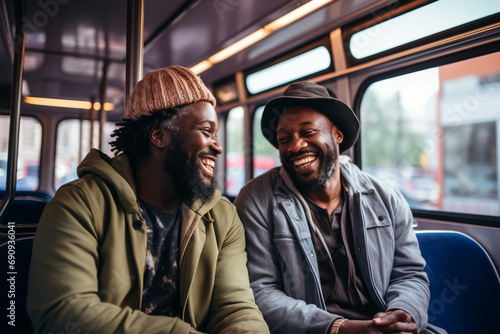 Two African American men are talking and laughing while riding the bus.