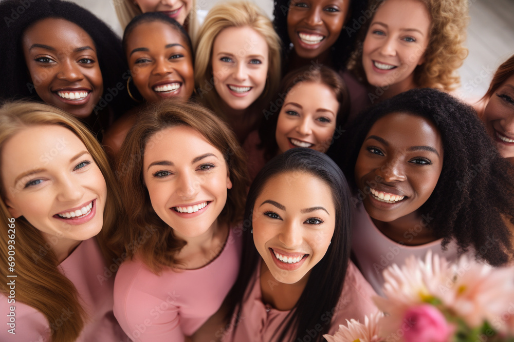 Obraz premium Multiethnic company of young beautiful women - bridesmaids, take a selfie at a wedding or engagement.