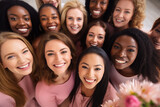 Multiethnic company of young beautiful women - bridesmaids, take a selfie at a wedding or engagement.