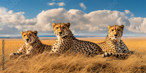 Three young leopards are resting in the grass. Kenya National Park. photo