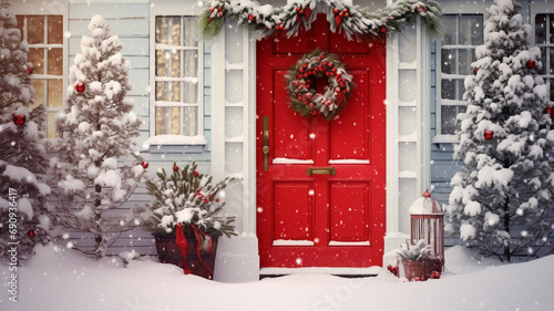 New Year's Christmas wreath on the red door of the house. AI generated. © serperm73