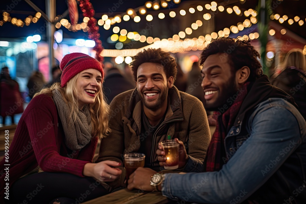 Multiracial friends having a drink at a Christmas market. Multiracial friends having a drink at a Christmas market.