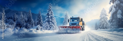 A snowplough working to remove snow from a snowy road after a winter storm. Winter road clearing. horizontal background photo