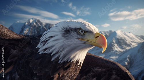 A detailed rendering capturing the close-up of an eagle in flight