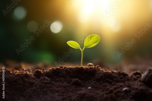 The seedling are growing from the rich soil to the morning sunlight that is shining, ecology concept. wide panoramic banner, 8k