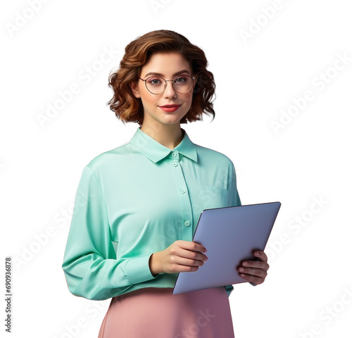 Woman with glasses holding a tablet, professional and tech savvy, isolated on a white background. Generative AI