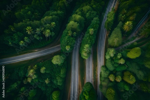 **forest road view from above, aerial view asphalt road inn tropical tree forest with a road going through with car, adventure in asia background photo