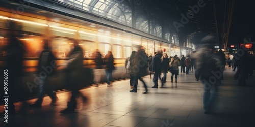 Commuters in motion at busy train station