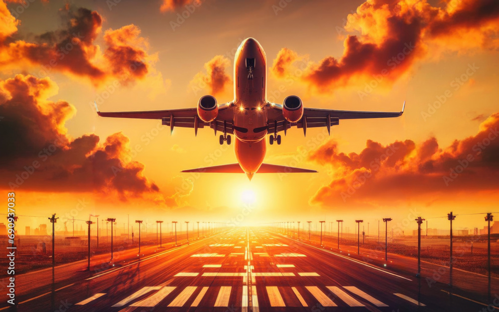 Passenger aircraft takes off from the airport runway. In the background orange sunset sky - obrazy, fototapety, plakaty 
