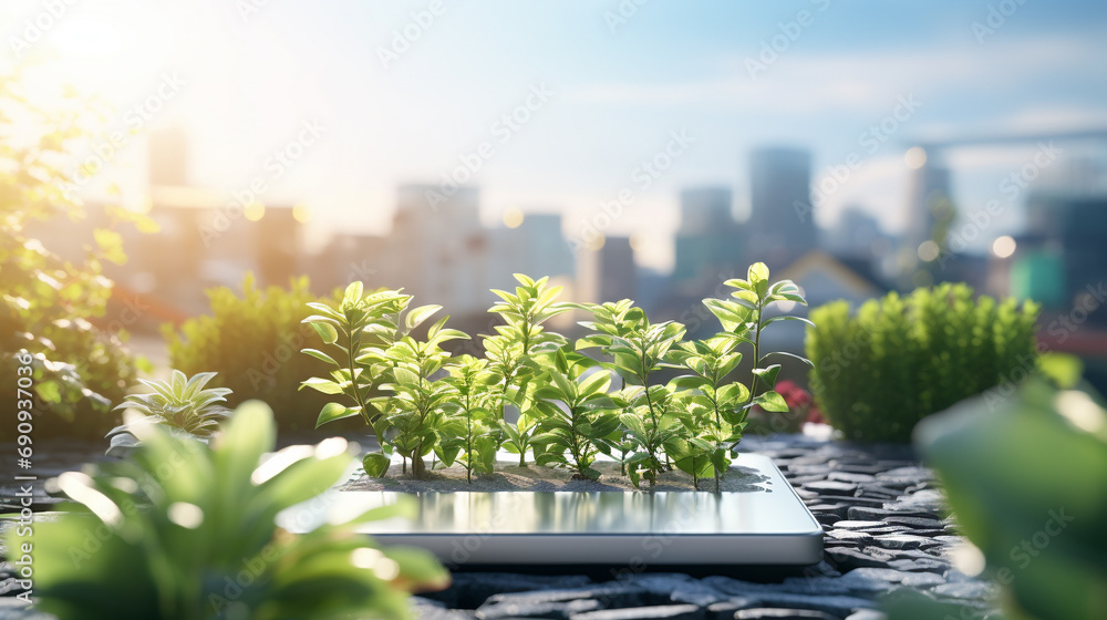 urban farm on roof, high end cell phone style, sleek design, shiny texture, bokeh effect background, modern and sophisticated - obrazy, fototapety, plakaty 