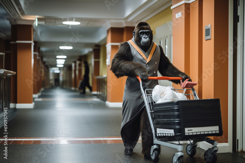 Portrait of humanized gorilla is a bellboy in the hotel. © serperm73
