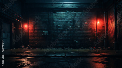 dark brick wall, city setting, red and blue neon lighting, subtle street lighting, deep shadows, muted tones, urban grit photo