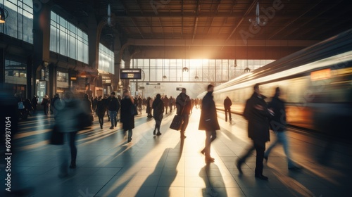 Commuters in motion at busy train station