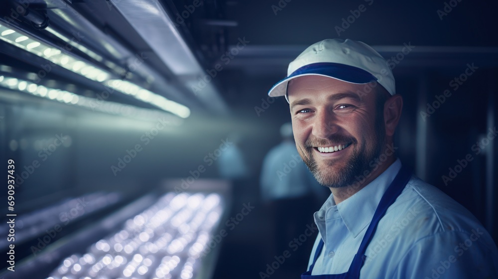 A happy meat industry supervisor, Man happy with workplace, engineer A happy meat industry supervisor, Man happy with workplace, engineer