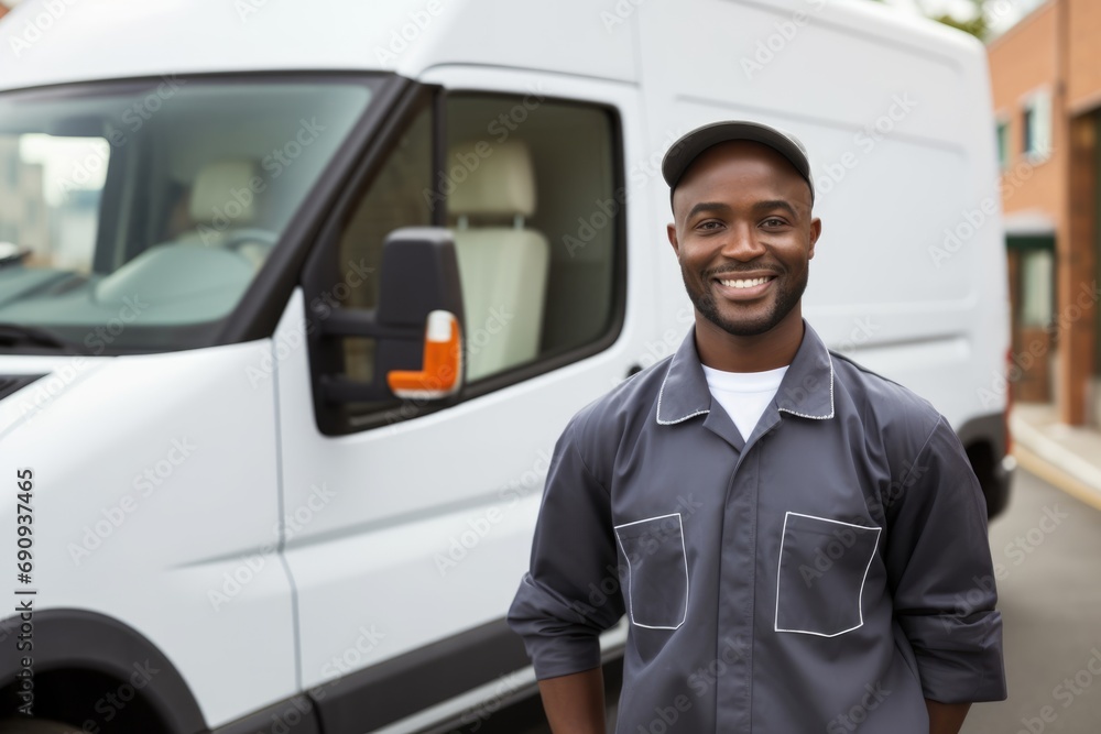 Smiling delivery man in front of van. Logistics and parcel delivery concept Smiling delivery man in front of van. Logistics and parcel delivery concept