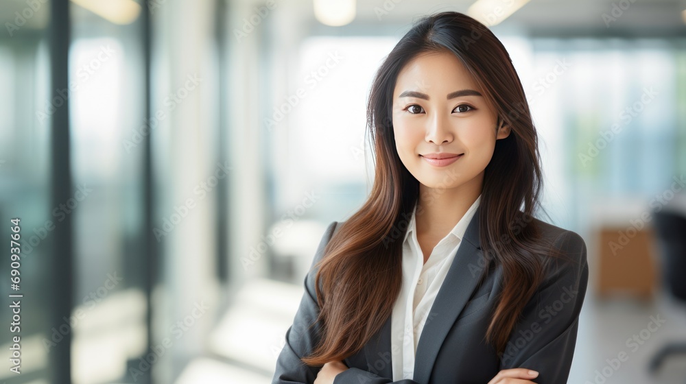 Asian female executive with long hair cute smile holding tablet crossed arms, standing by the office window Asian female executive with long hair cute smile holding tablet crossed arms, standing by the office window