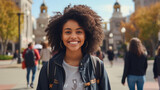 black female student with a backpack, standing in front of a university building Portray her excitement for the new semester and the opportunities of studying abroad.