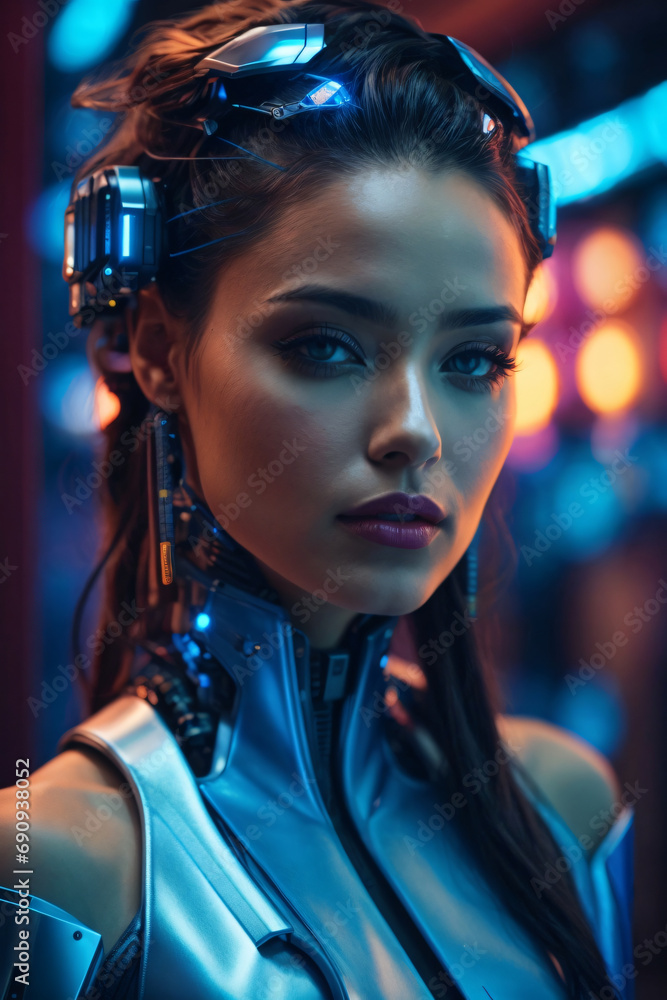 Beautiful cyberpunk girl, half human and half robot with blue neon effects. generative AI Beautiful cyberpunk girl, half human and half robot with blue neon effects. generative AI