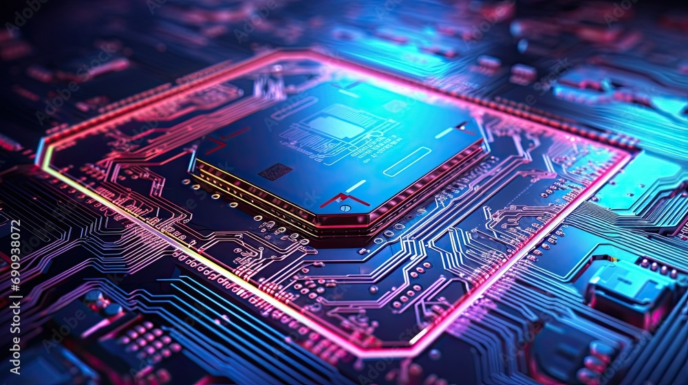 3D illustration of an advanced microchip on a circuit board with glowing neon lights and futuristic technology concept. 3D illustration of an advanced microchip on a circuit board with glowing neon lights and futuristic technology concept.