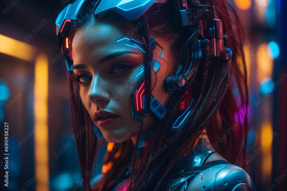 Beautiful cyberpunk girl, half human and half robot with blue neon effects. generative AI Beautiful cyberpunk girl, half human and half robot with blue neon effects. generative AI