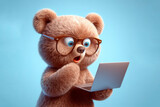 A bear with glasses and a surprised look on her face is looking at a laptop on solid blue background. ai generative