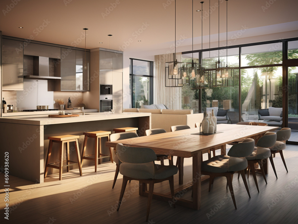 A modern, spacious kitchen and dining area with an open concept design and sleek aesthetics.