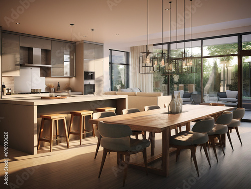 A modern  spacious kitchen and dining area with an open concept design and sleek aesthetics.