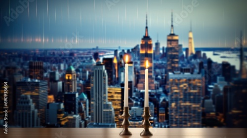 Candles are lit against the background of a beautiful big city at night, city background