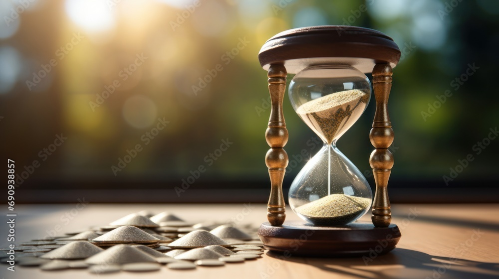 Close up hourglass on table with big city background, time and business concept, - obrazy, fototapety, plakaty 