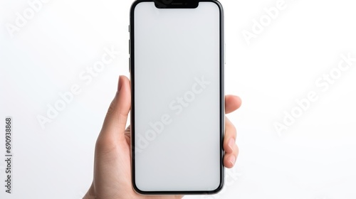 Close-up of female hand holding Smartphone with blank white screen on white background, hand with smartphone, technology