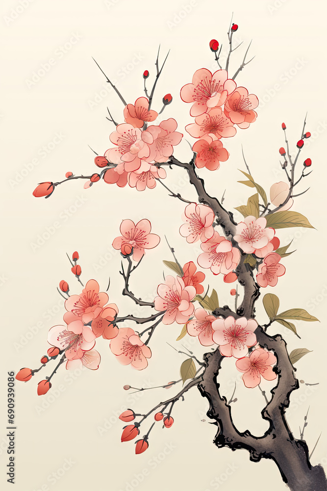 Asian Cherry Blossom Branch,Calligraphy art style