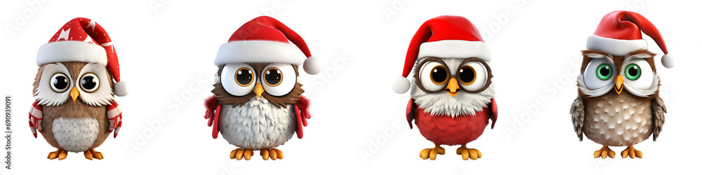 3D Cartoon Owl Set in Santa Hats on Transparent Background 3D Cartoon Owl Set in Santa Hats on Transparent Background