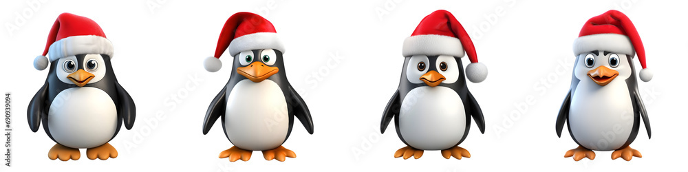 3D Cartoon Penguin Set in Santa Hats on Transparent Background 3D Cartoon Penguin Set in Santa Hats on Transparent Background