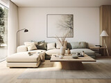 A modern Scandinavian living room design featuring simplistic furniture and minimalistic decor.
