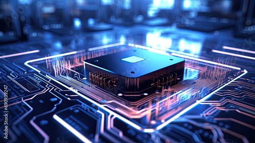 3D illustration of a central processing unit (CPU) on a futuristic blue circuit board with glowing digital lines.