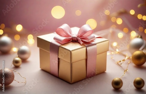 Christmas gift box with pink bow and decoration on bokeh background © Preyanuch