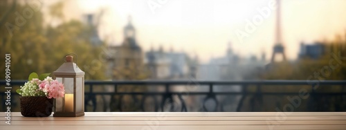 Beautiful blooms in rustic pots on a table with a sunny Paris street in soft focus, banner, design template, travel and lifestyle