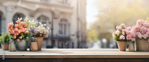 Beautiful blooms in rustic pots on a table with a sunny Paris street in soft focus, banner, design template, travel and lifestyle