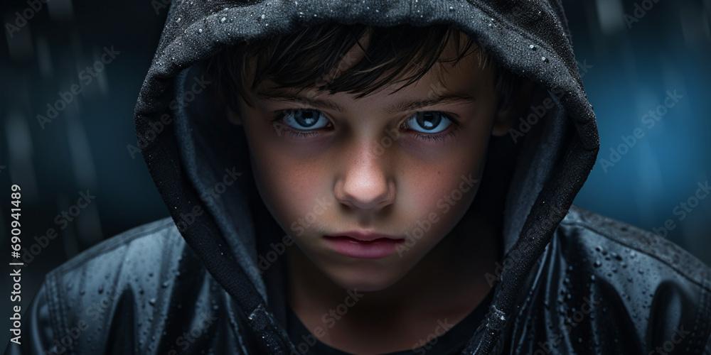 Portrait of a boy in a hoodie, in the style of urban grunge and hip hop influence Portrait of a boy in a hoodie, in the style of urban grunge and hip hop influence