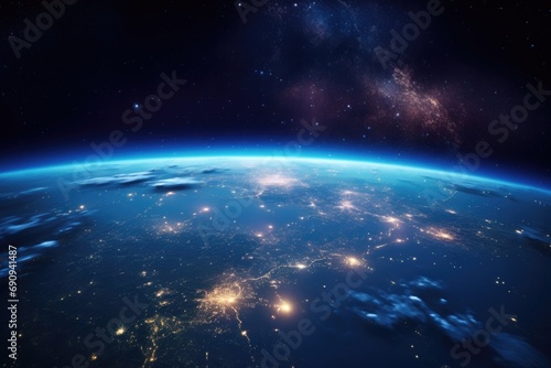 View of stars above planet from space. Observation from the outer space