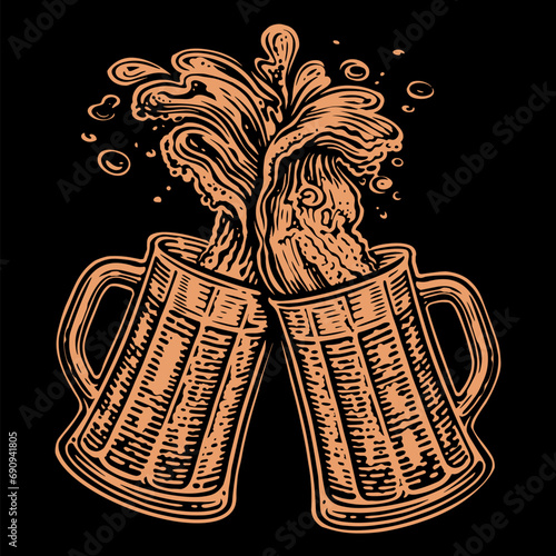 Cheers,Two clinking glasses mugs. Clinking glass tankards full of beer and splashed foam. Hand drawn vector illustration