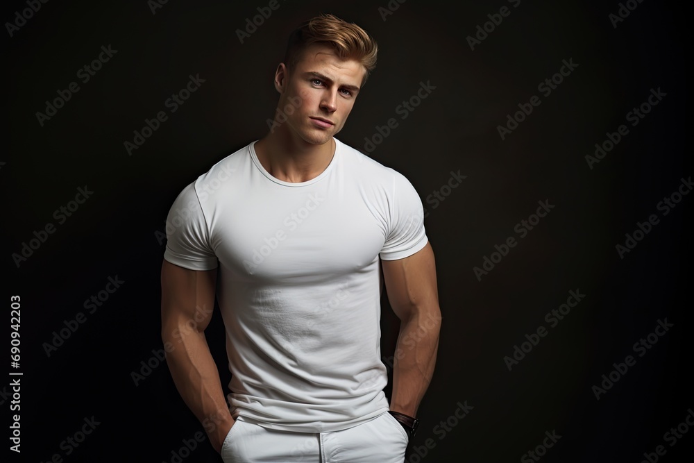 Muscular male fashion model with a blue t-shirt. Muscular male fashion model with a blue t-shirt.