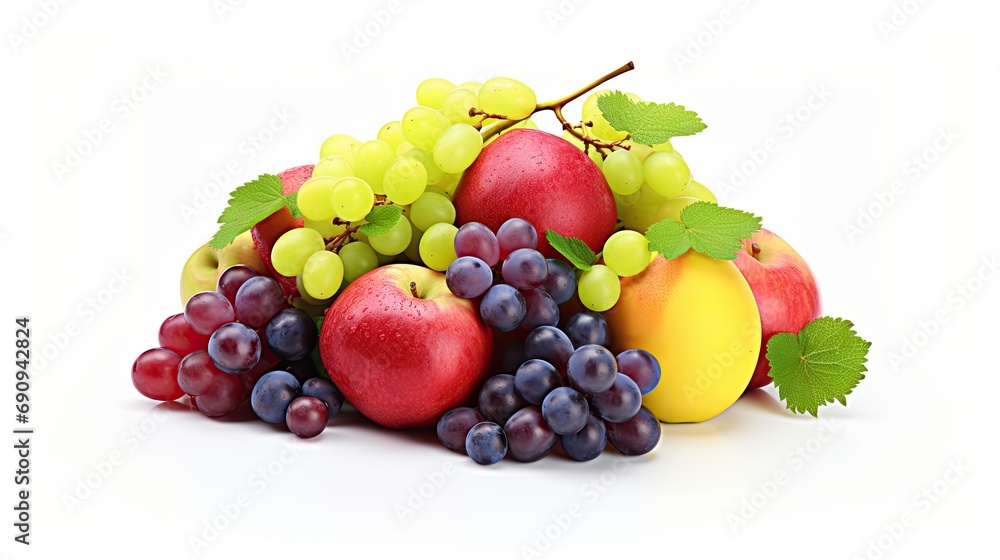 Assorted fresh fruits including grapes, apples, and a peach on a white background.