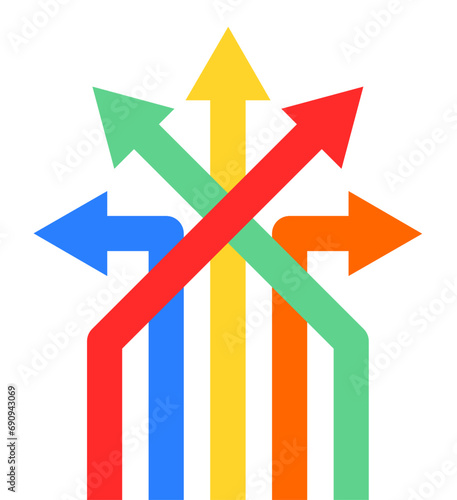Colored arrows ascending and heading in different directions. Intersecting arrows.