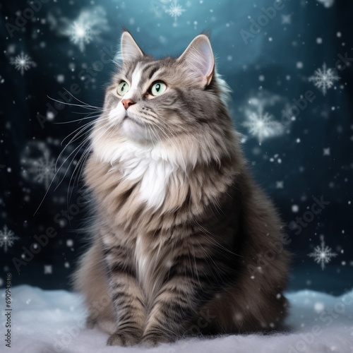 Siberian cat in snowfall