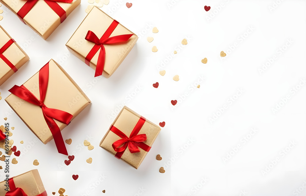 gold gift boxes with red bow and heart decor on white wooden table soft light top view gold gift boxes with red bow and heart decor on white wooden table soft light top view