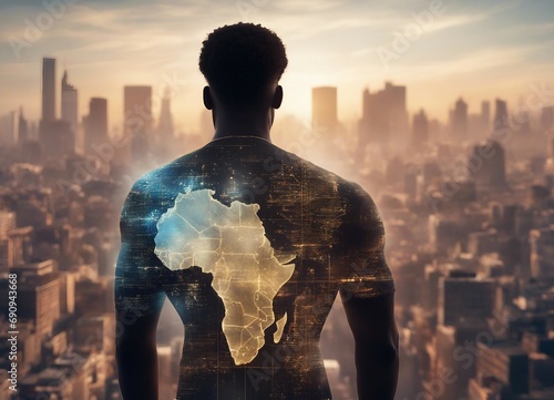Back view of a black man, holographic digital map of Africa projected on his back. 