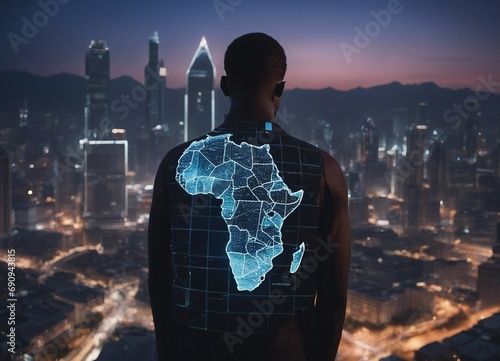 Tableau sur toile Back view of a black man, holographic digital map of Africa projected on his back