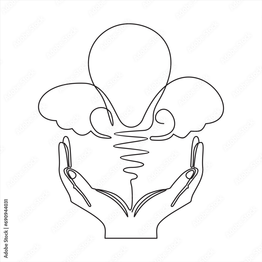 Lightbulb on hand one continuous line drawing. Electric lamp. Brainstorm linear symbol. Vector isolated on white.
Lightbulb on hand one continuous line drawing. Electric lamp. Brainstorm linear symbol. Vector isolated on white.