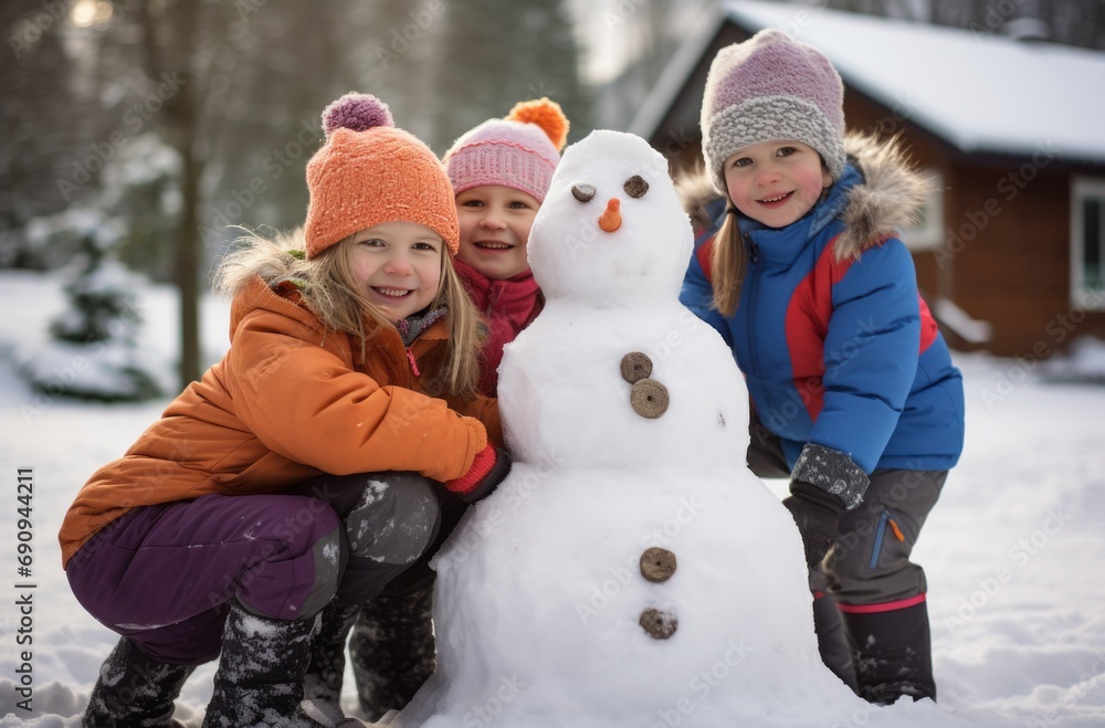 Children Building a Snowman in Winter